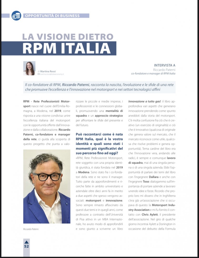 Riccardo Paterni is interviewed by Emilia Romagna Economy January 2025 about RPM Italia Vision